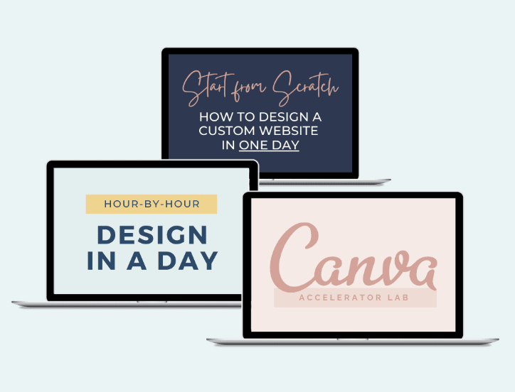 graphic showing 3 laptop screens with text - Design in a Day Hour-by-hour Breakdown - How to Design a Gorgeous Website– FAST! - Canva Accelerator Lab